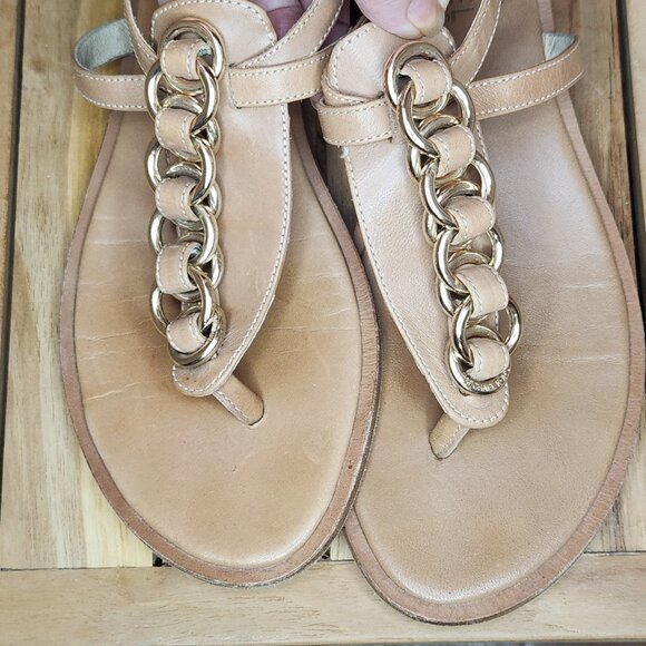 [7.5] Michael Kors Tan Leather Flat Sandals Adjustable Straps Chain Link Sz 7.5 - Picture 4 of 9